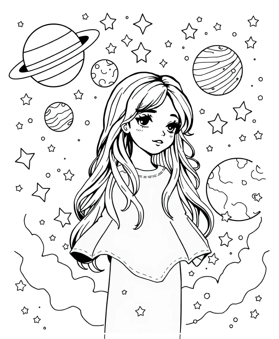 A celestial dreamer with planets and stars, designed for line art exploration