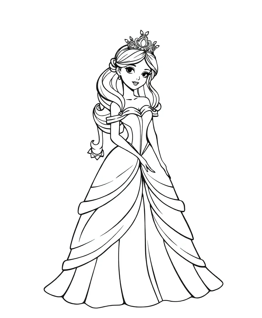 A fairytale princess with a gown and tiara, perfect for coloring book fans
