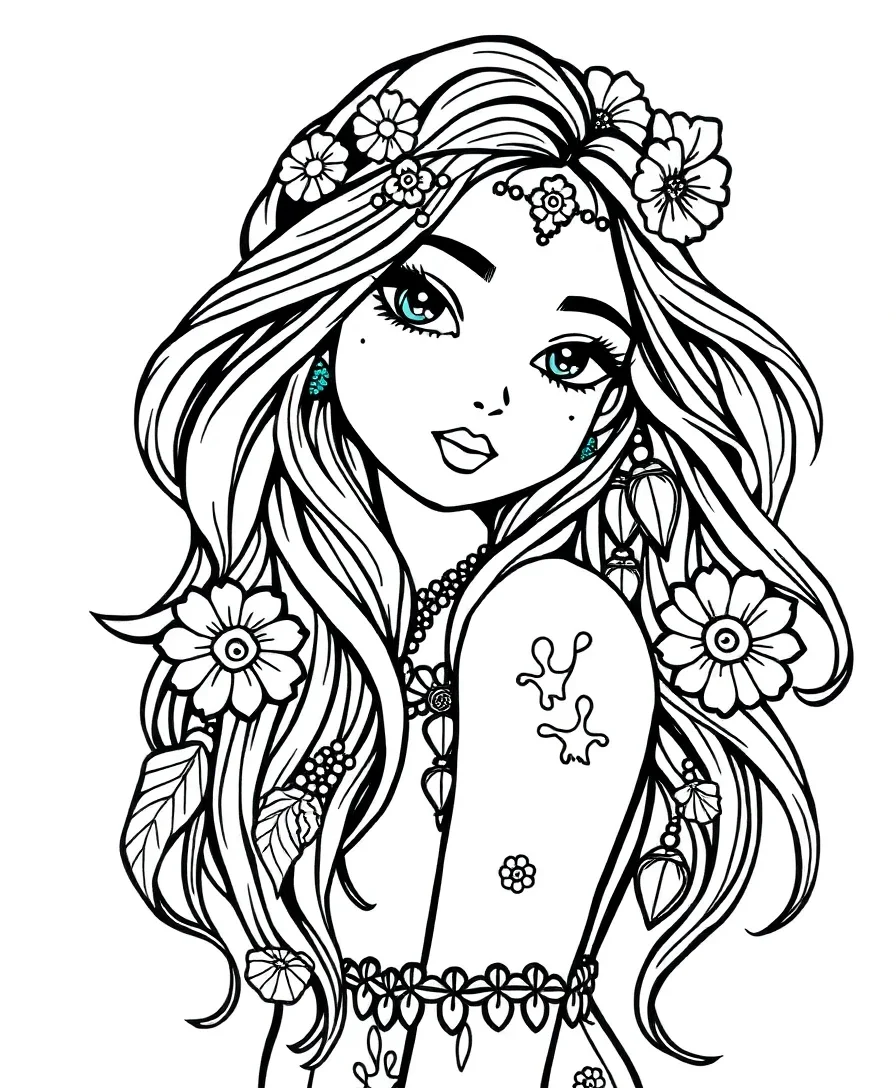 A bohemian girl with flowing hair and patterns, ideal for line art lovers