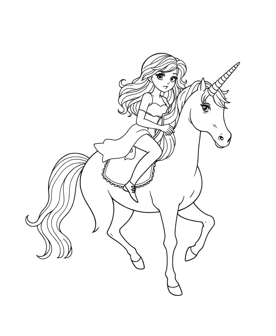 A girl riding a majestic unicorn, designed for coloring enthusiasts