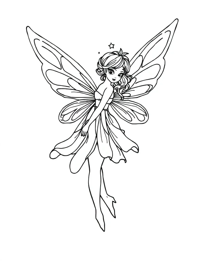A whimsical fairy with wings and a dress, perfect for line art exploration