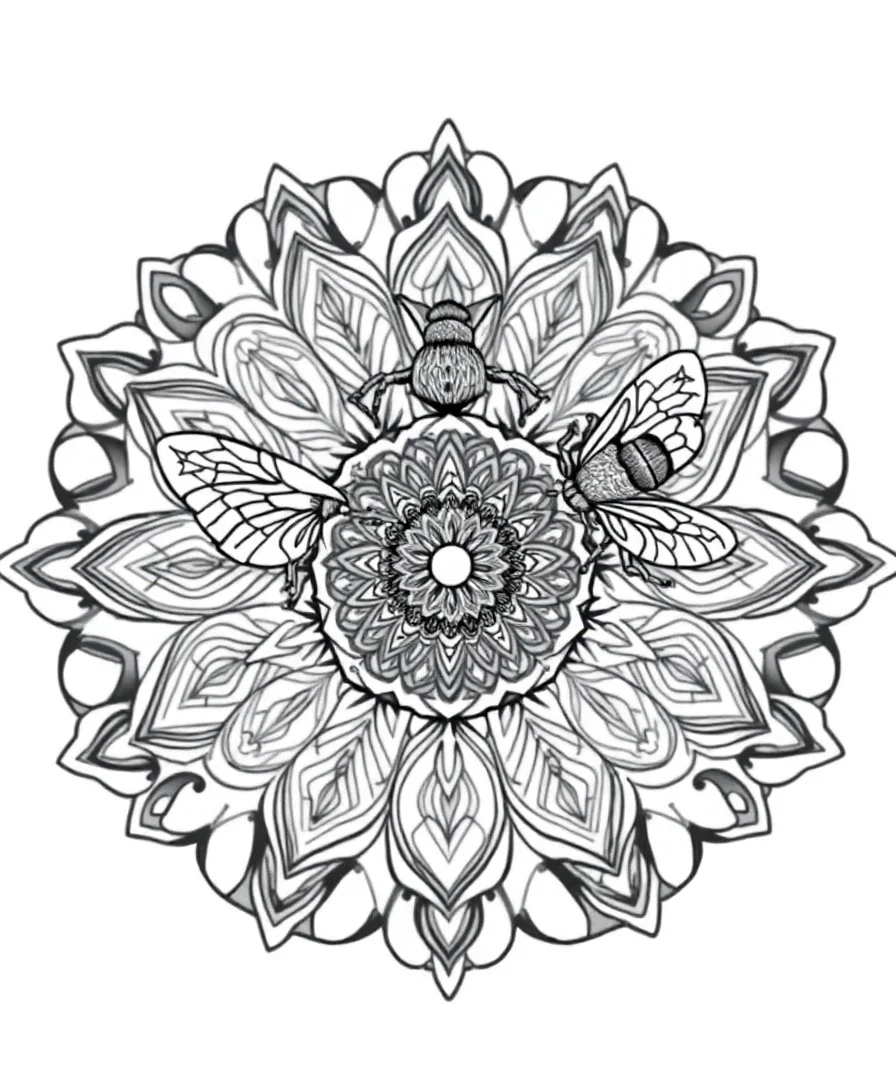 An intricate bee mandala line art with detailed patterns