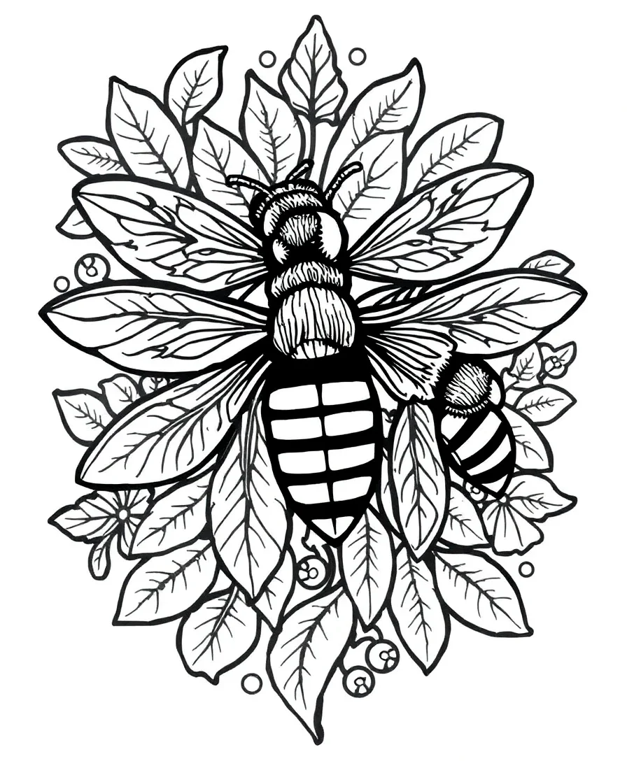 Line art of bees with leaf motifs
