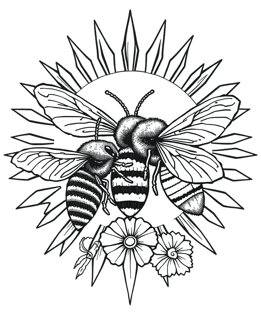 Line art of bees with sunburst patterns