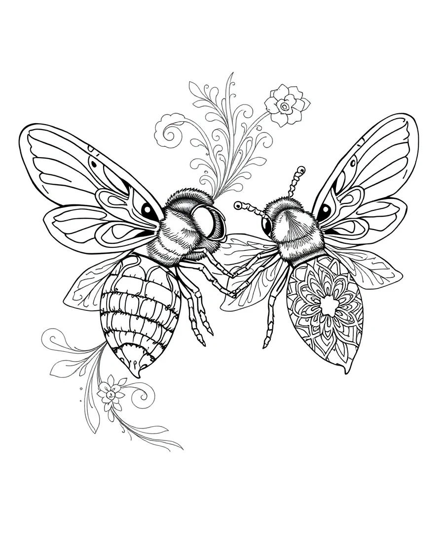 Line art of bees with lace patterns