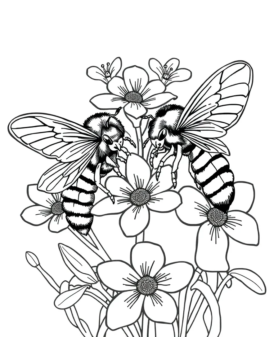 Line art of bees among flowers with elegant line work