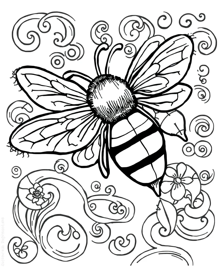 Whimsical bee line art with swirling lines