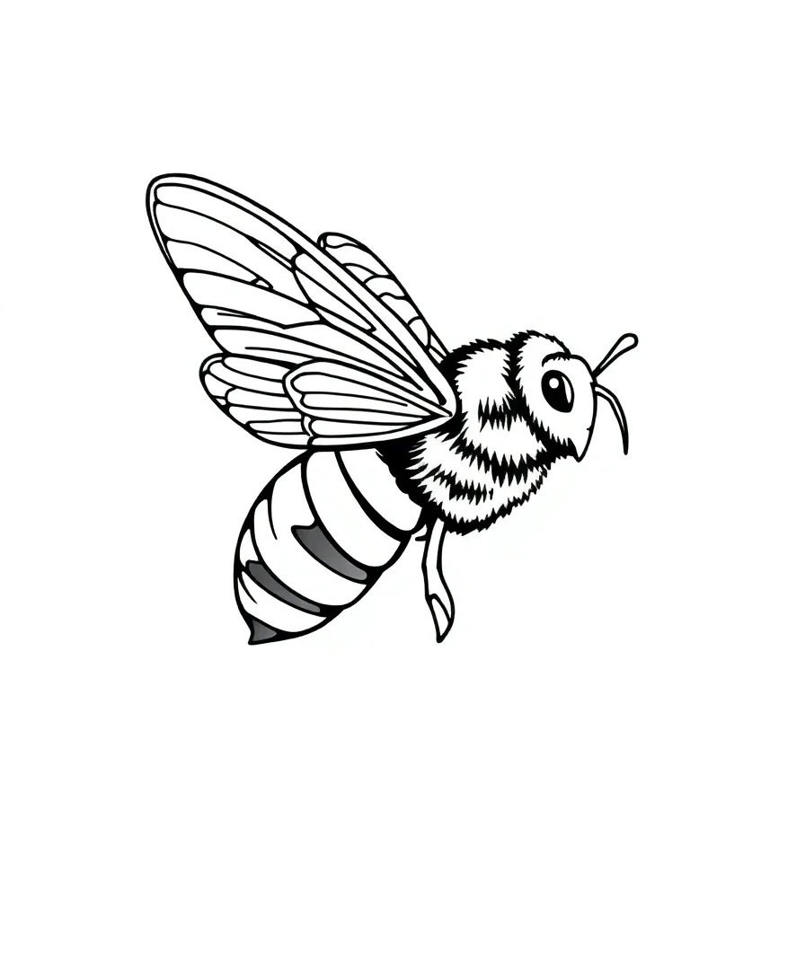 Line art of a bee in flight with bold outlines