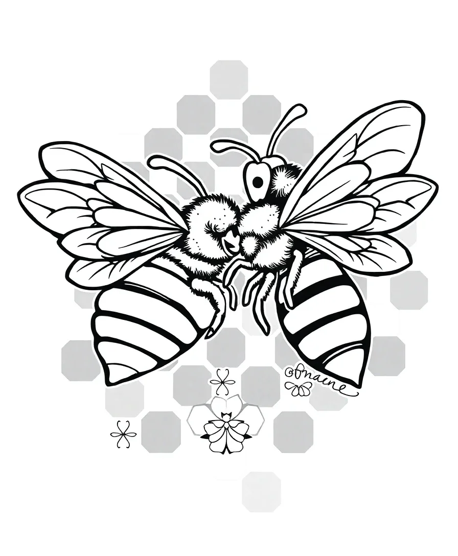 Line art of bees with honeycomb patterns