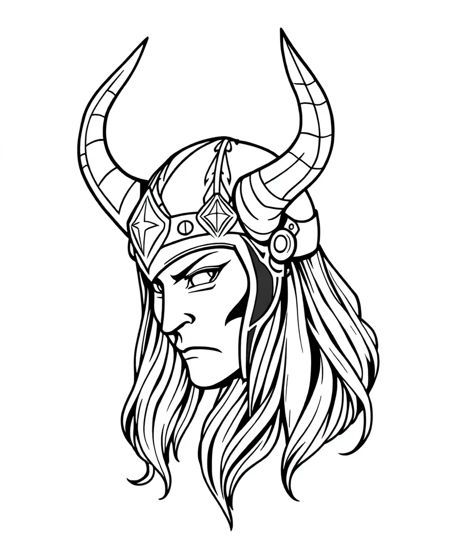 Line art of Loki's detailed horned helmet