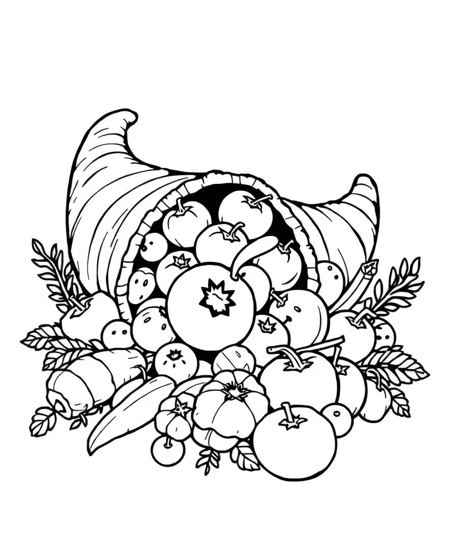 Line art of a cornucopia filled with fruits and vegetables