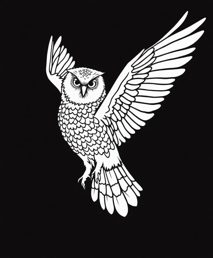 Line art of an owl in flight with detailed feathers