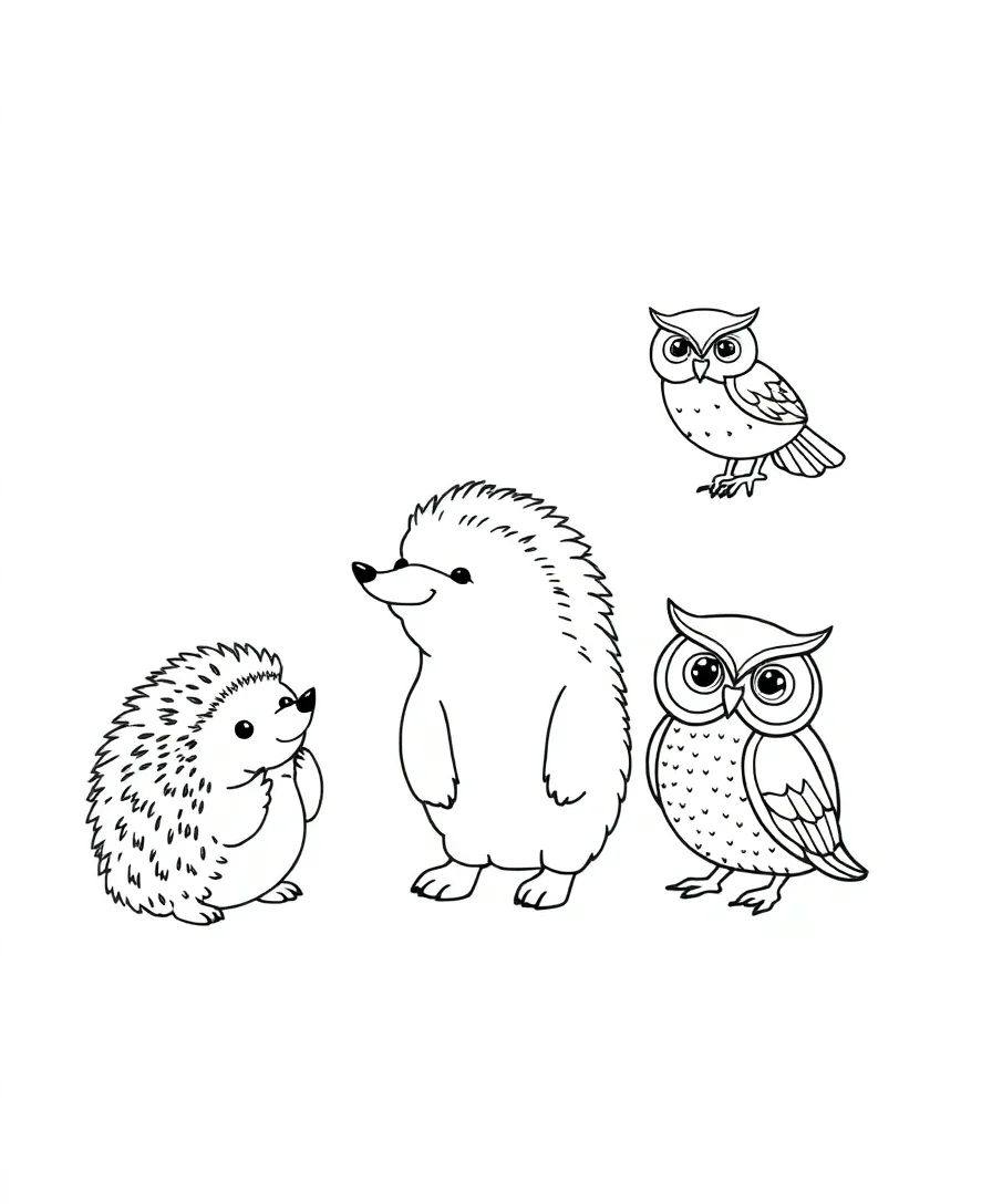 Line art of whimsical woodland creatures