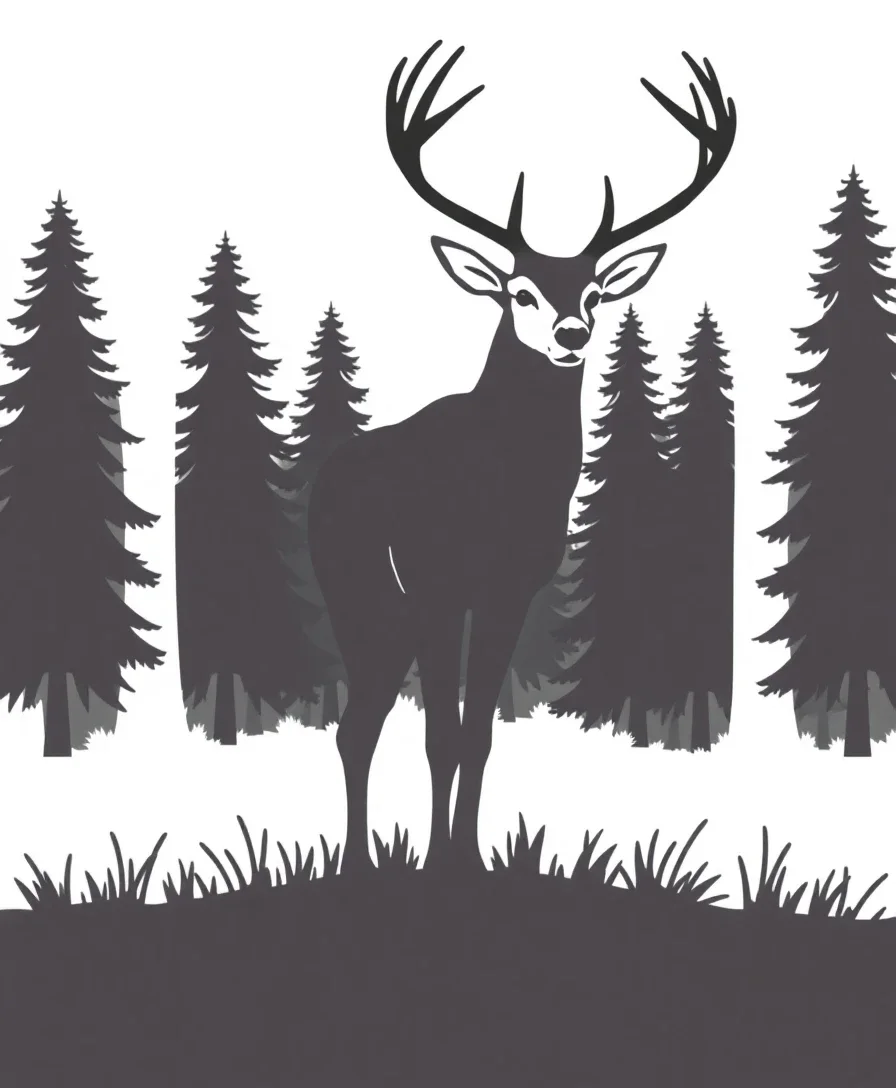 Line art of a deer silhouette against a forest backdrop