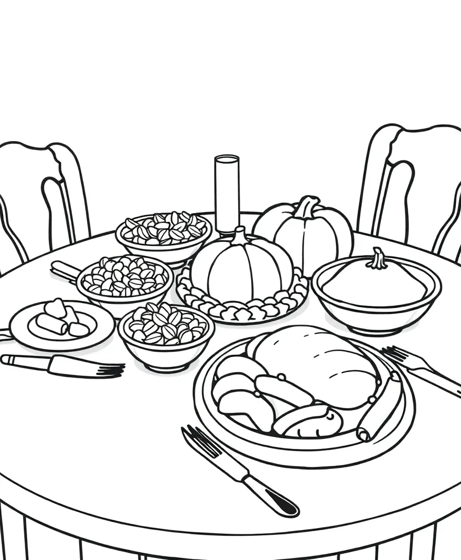 Line art of a Thanksgiving feast with detailed food items