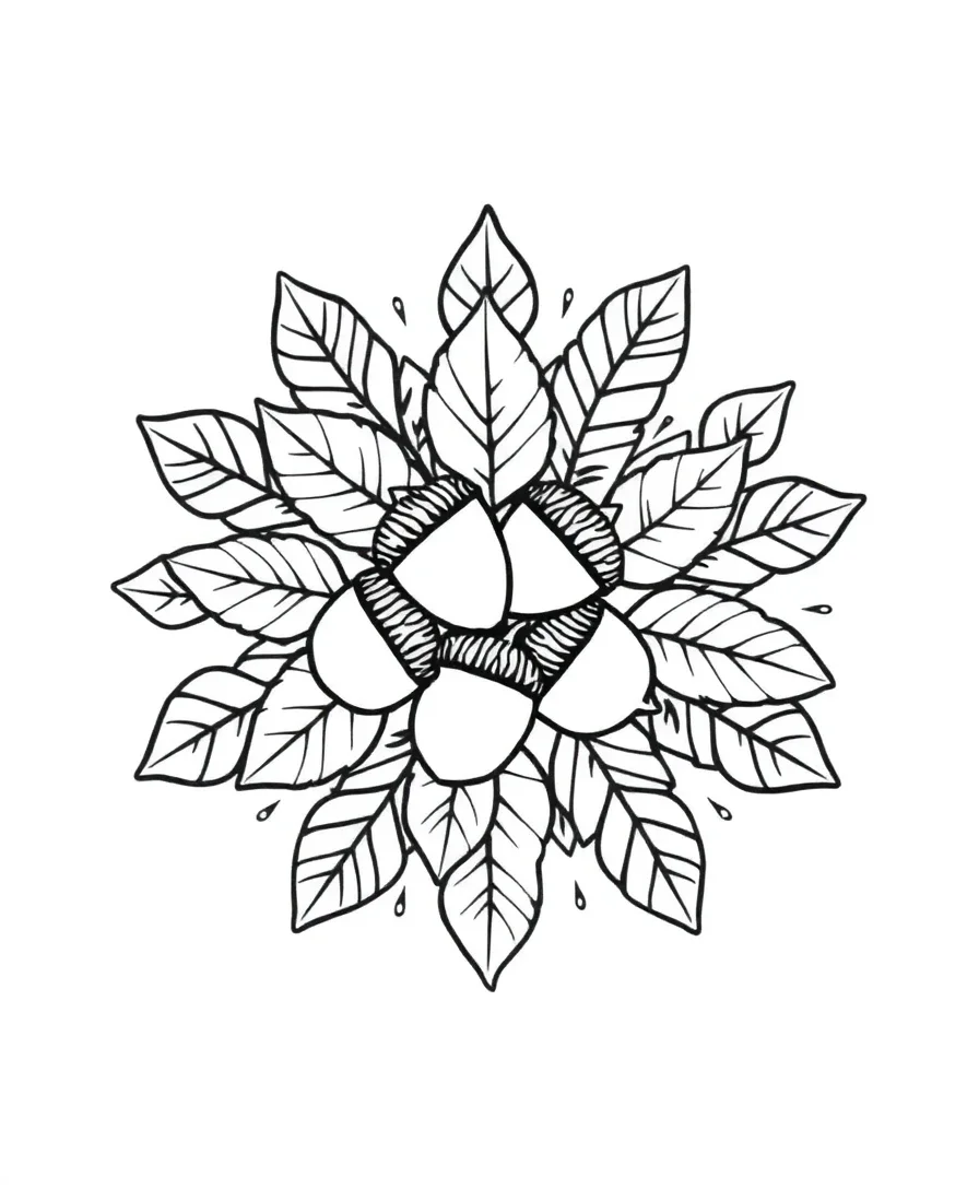 Line art of an intricate mandala with acorns and leaves
