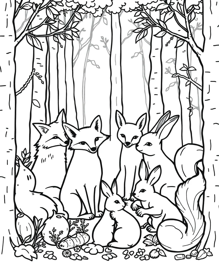 Line art of forest animals gathered together