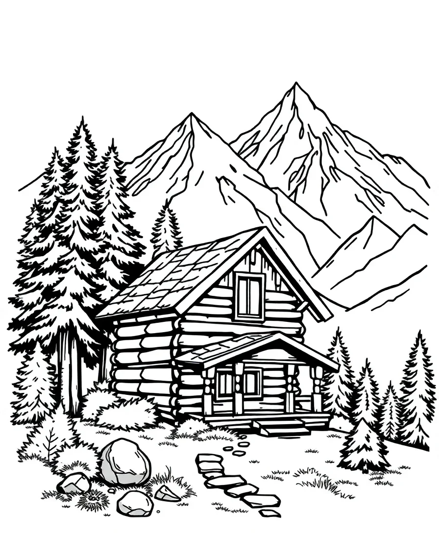 Line art of a rustic cabin in a forest setting