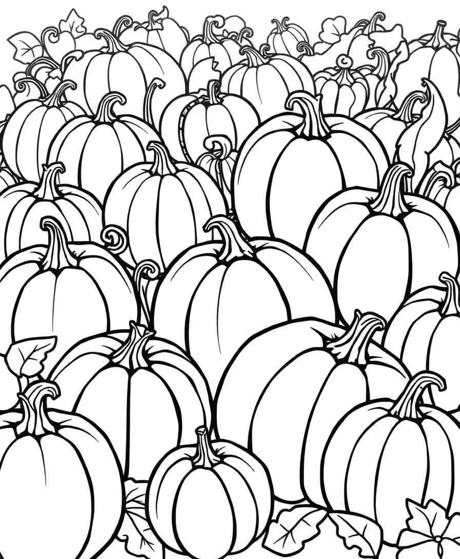 Line art of a pumpkin patch with various pumpkins