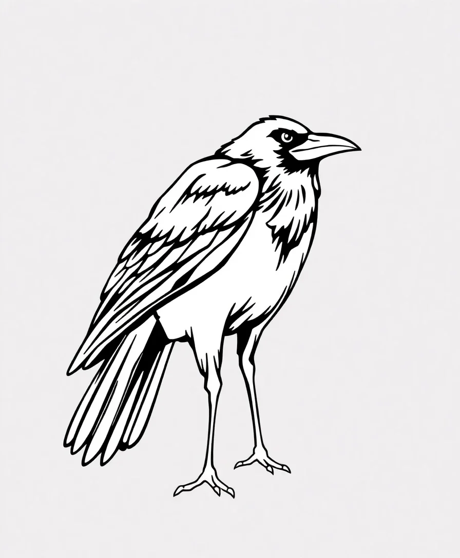 Line art of Crow in a dynamic pose, ideal for coloring pages