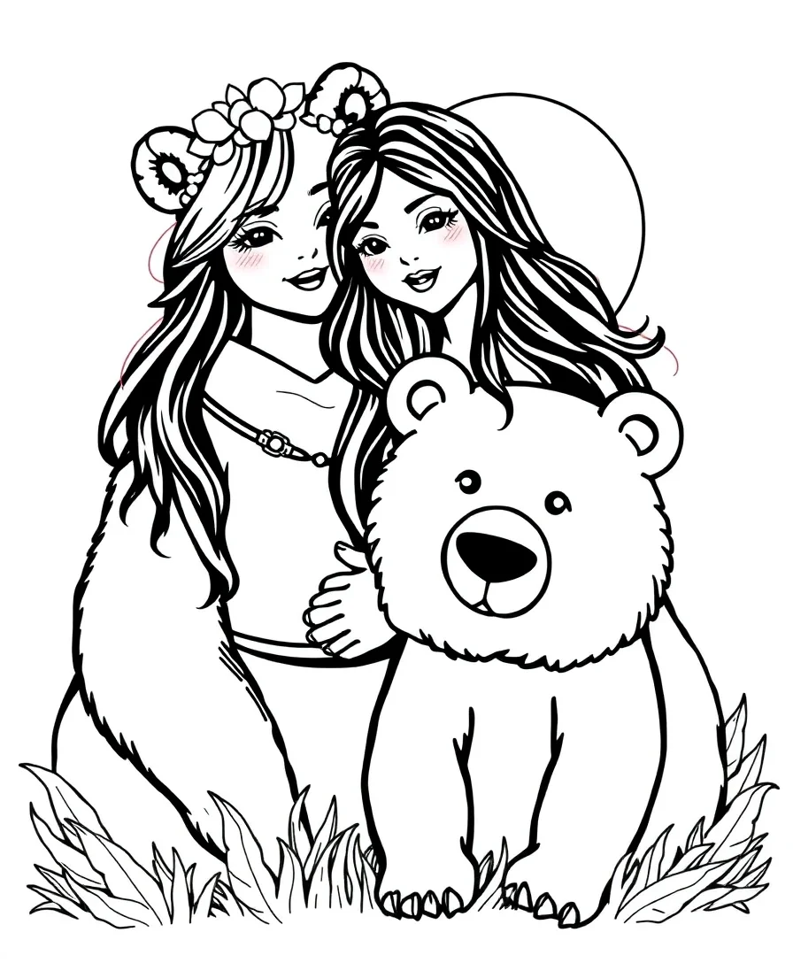 Line drawing of Nita and her bear with bold outlines, ideal for coloring