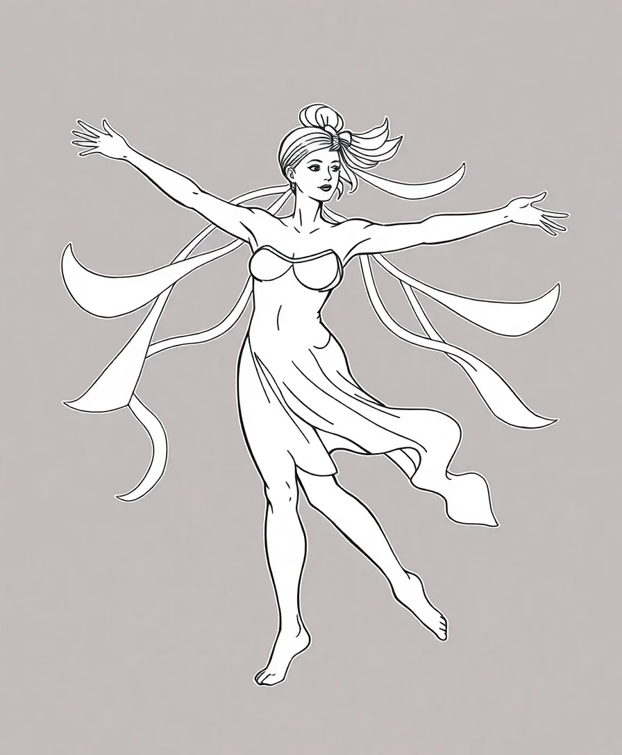Line art of a dancer mid-move with outstretched arms