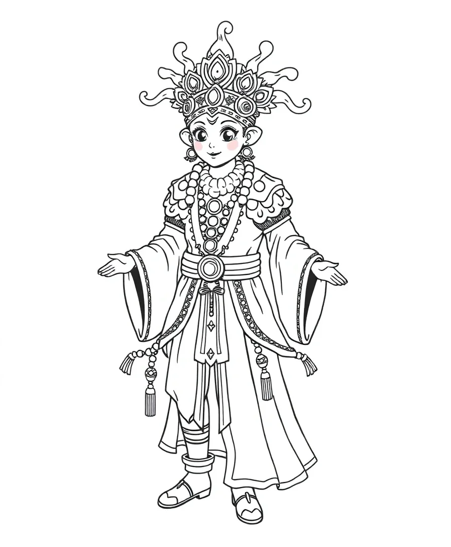 Line art of an elaborate stage costume with accessories