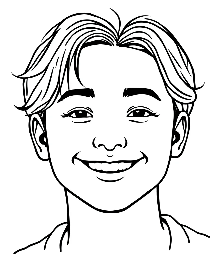 Line art of a smiling Kpop idol's facial expression