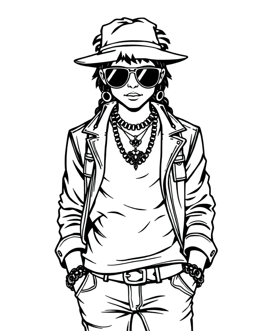 Line art of a stylish outfit with detailed accessories