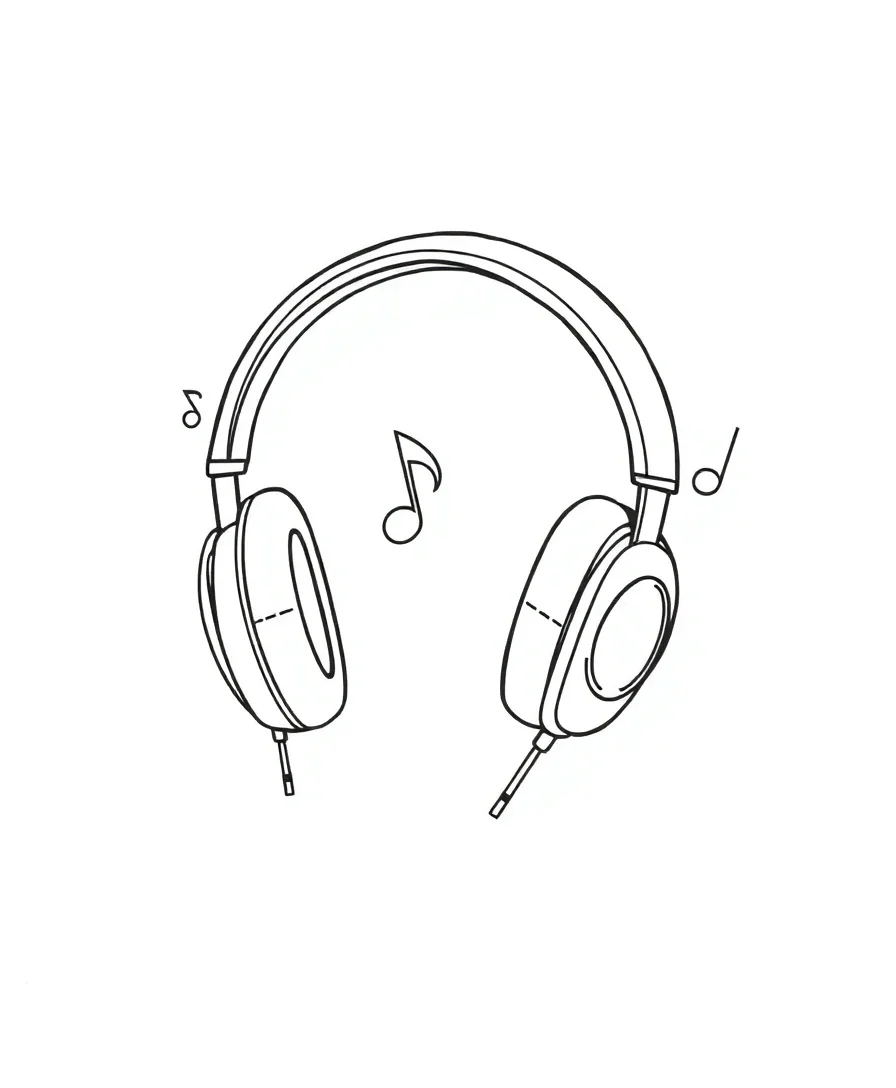 Line art of headphones surrounded by musical notes