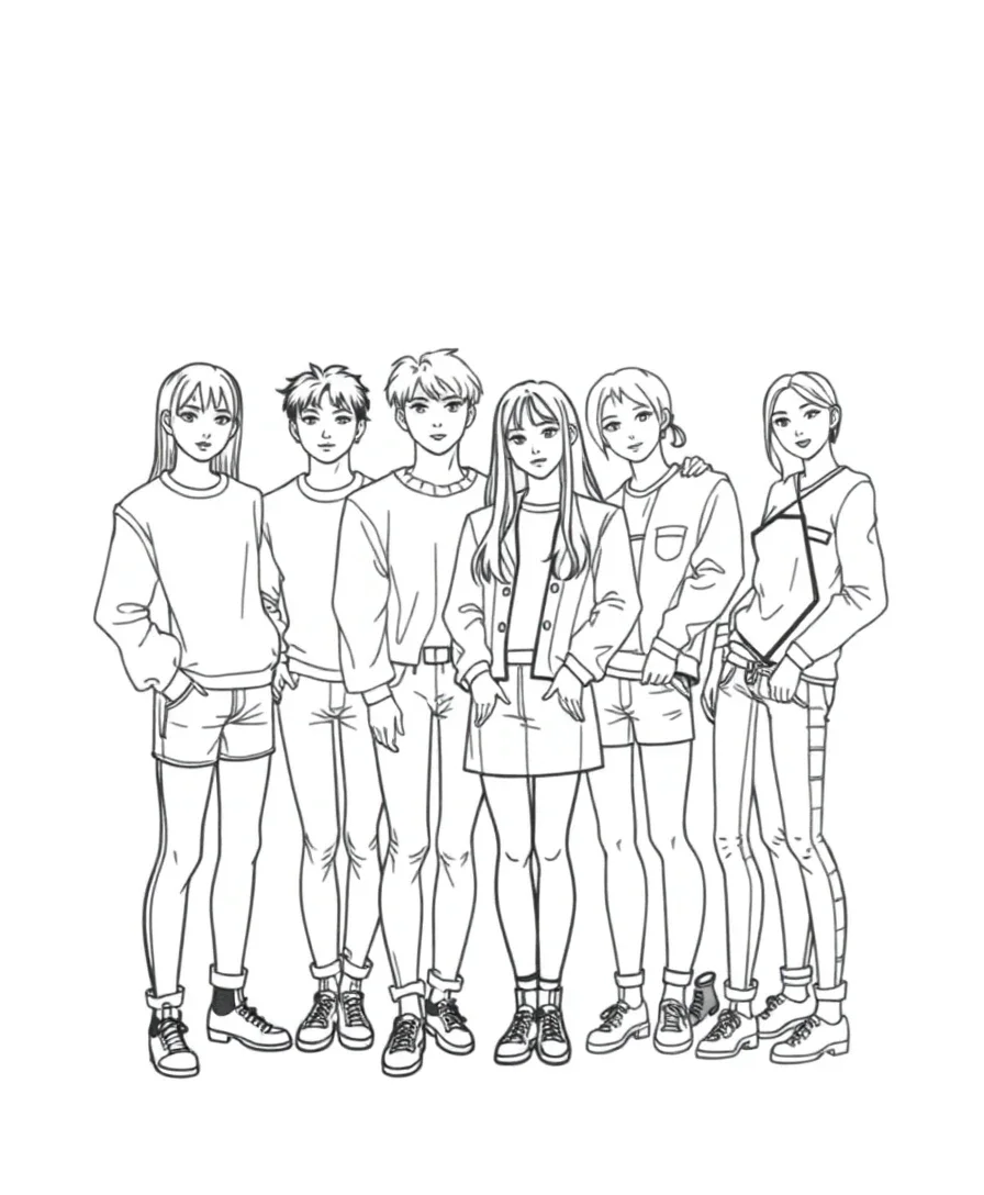 Line art of a group of Kpop idols standing together