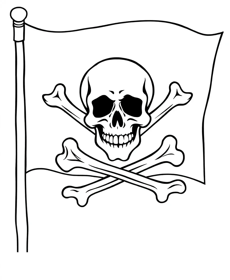 Bold line art of a pirate flag with skull and crossbones