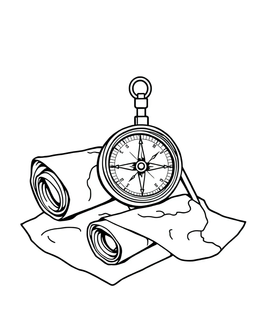 Line art of a compass and maps representing navigation