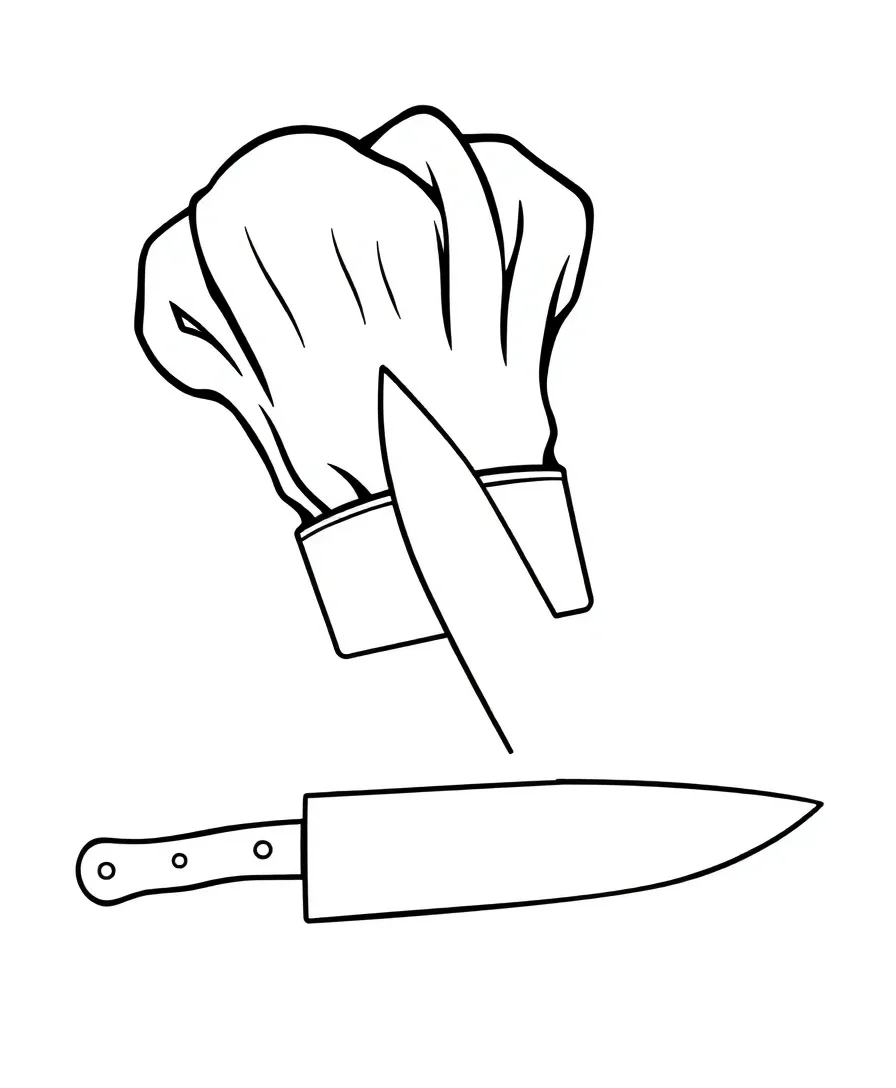 Line art of a chef's hat and knife symbolizing culinary skills