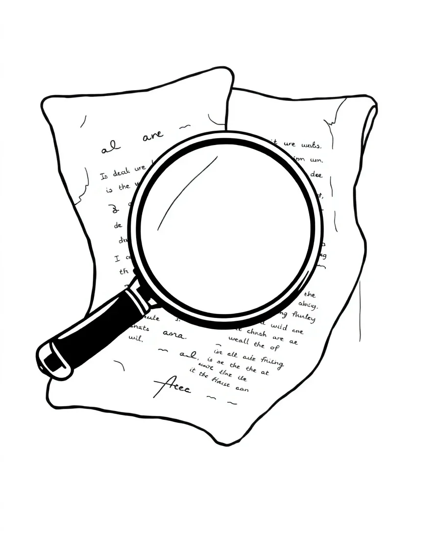 Intricate line art of a magnifying glass and scrolls