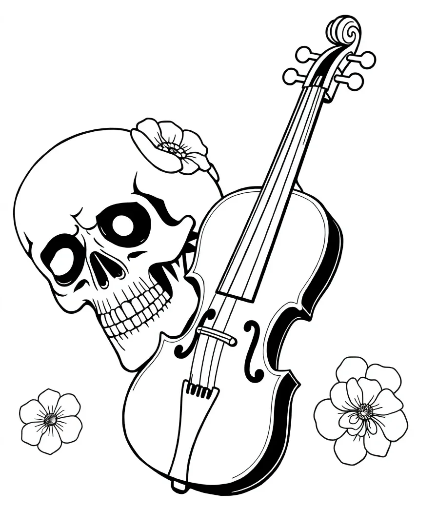 Line art of Brook's skull with a violin