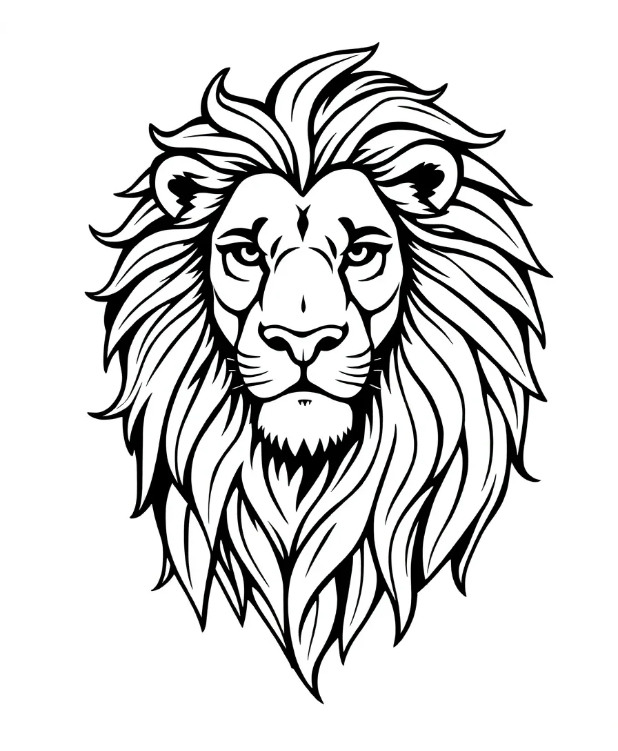 Black and white line art of a majestic lion with a detailed mane