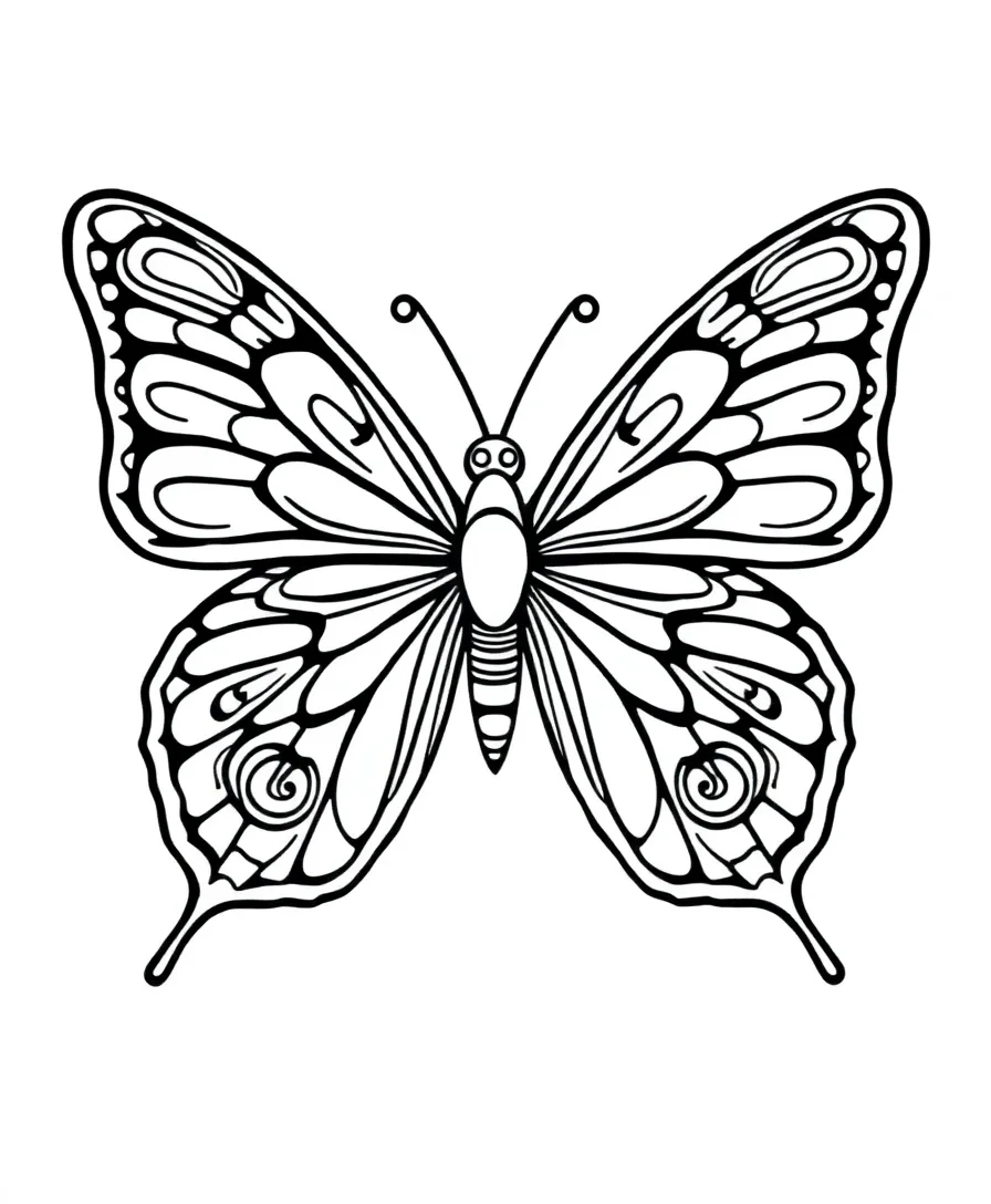 Black and white line art of a vibrant butterfly with intricate wings