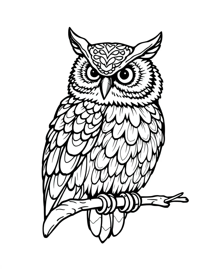 Black and white line art of a wise owl with intricate feathers