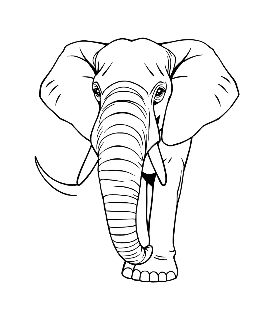 Black and white line art of a noble elephant with detailed features