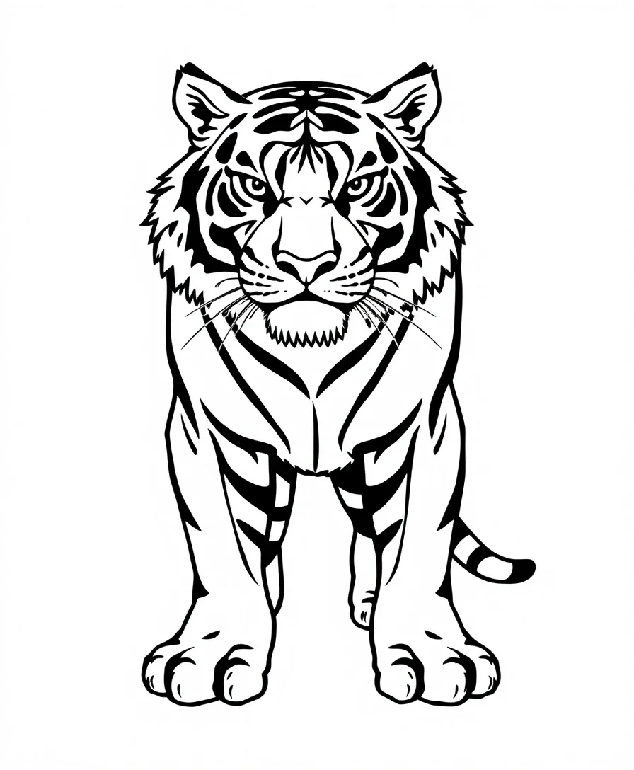 Black and white line art of a fierce tiger with intricate stripes