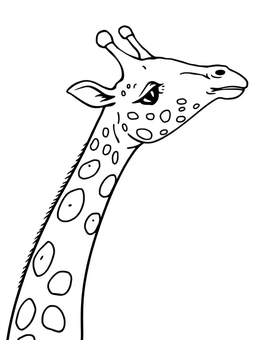 Line art of a gentle giraffe with bold outlines and detailed spots
