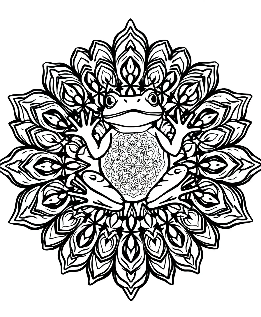 Line art of a frog mandala with intricate patterns