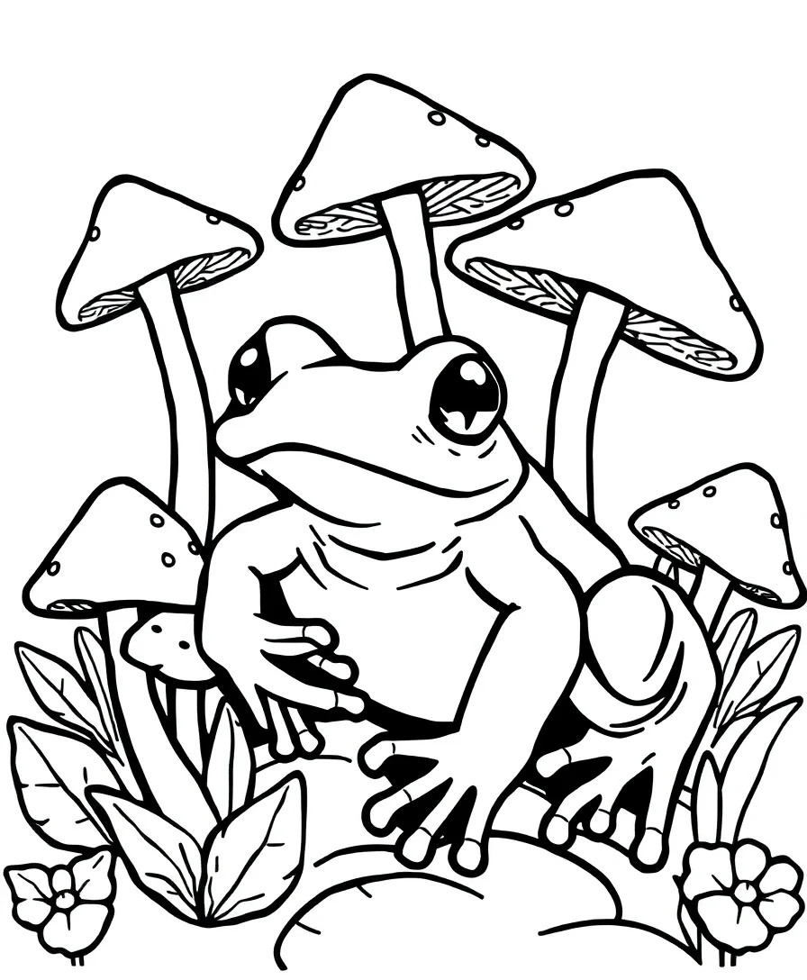 Line art of a frog and mushrooms
