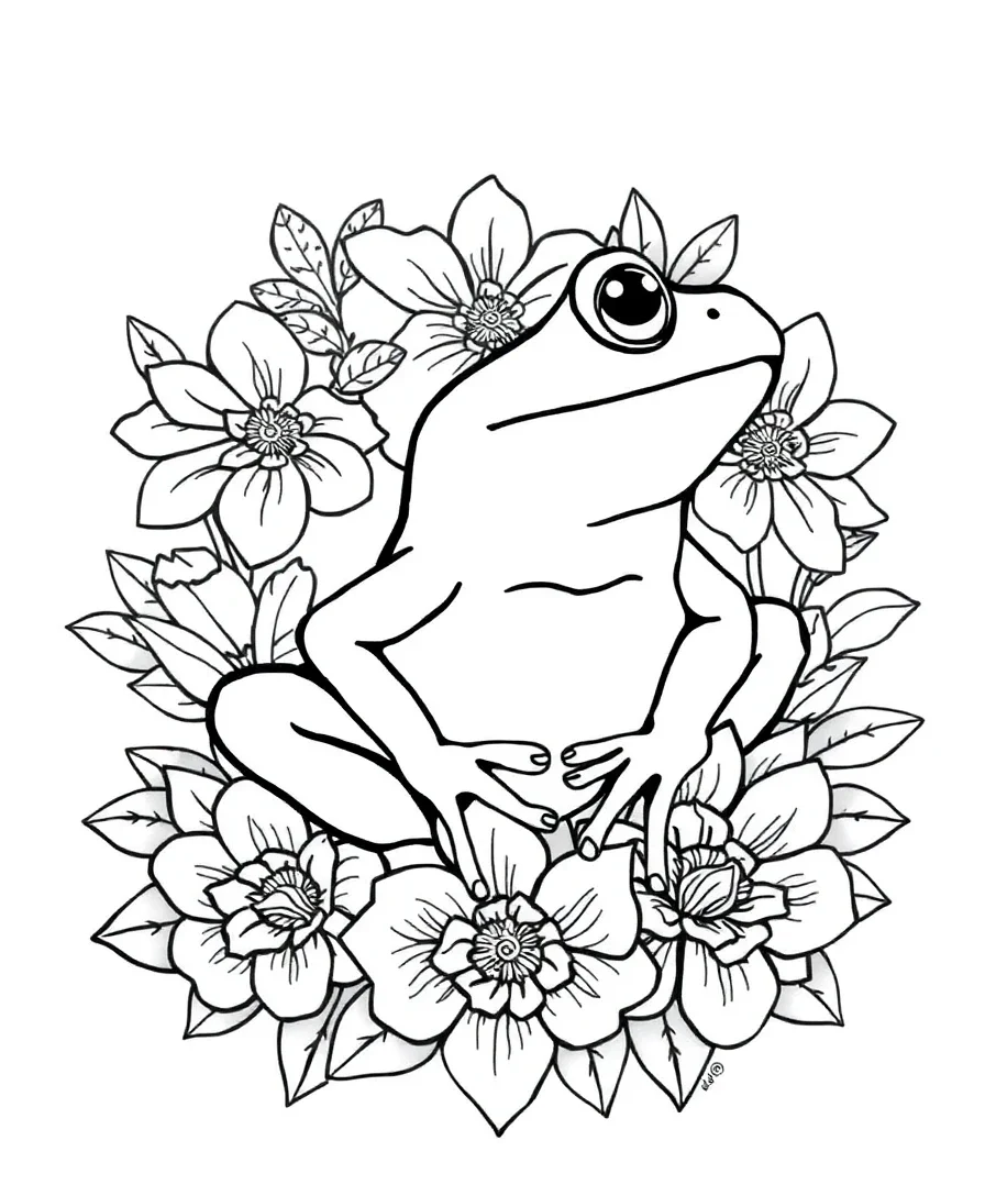 Line art of a frog in a floral scene