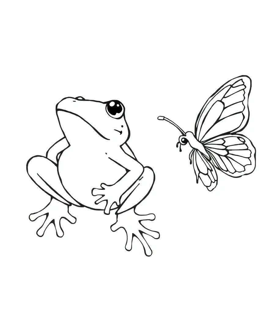 Line art of a frog and butterfly interaction