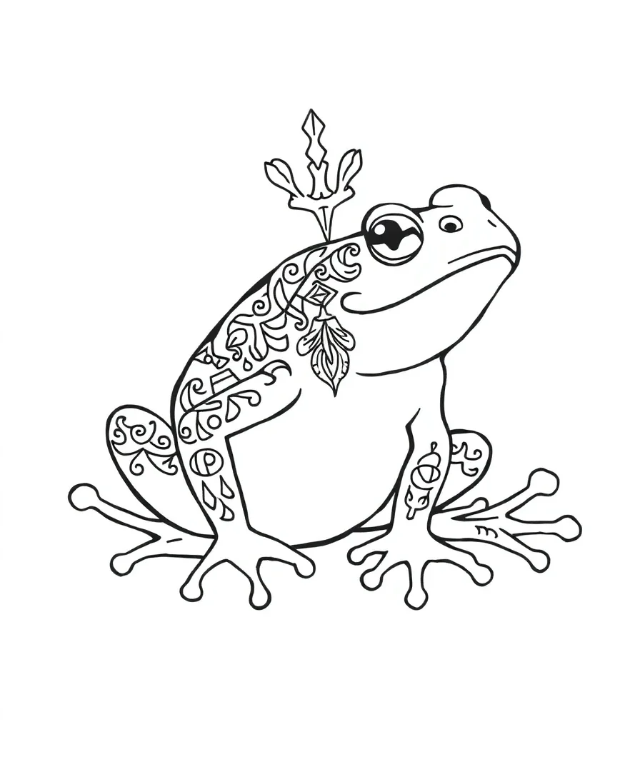 Line art of a frog with tribal patterns