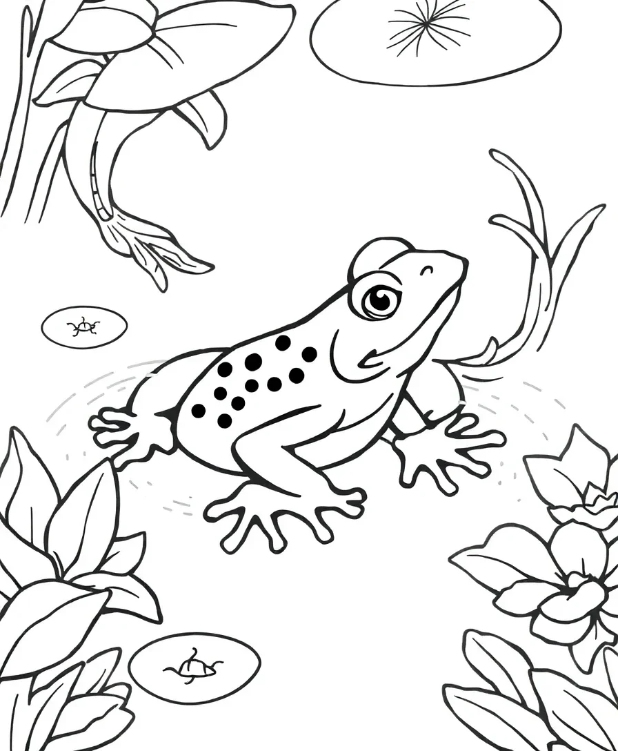 Line art of a frog in a koi pond