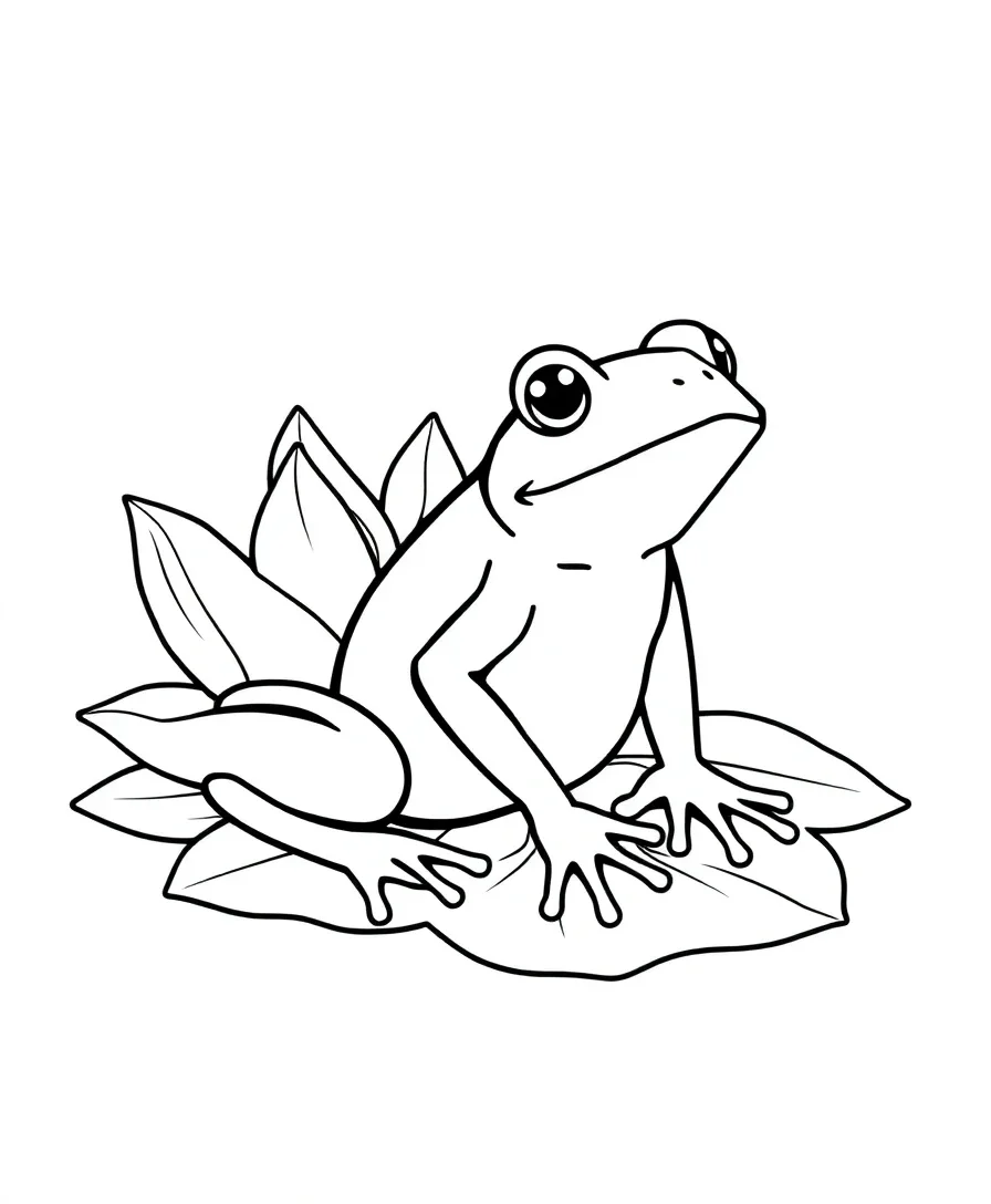 Line art of a frog and lotus with graceful forms