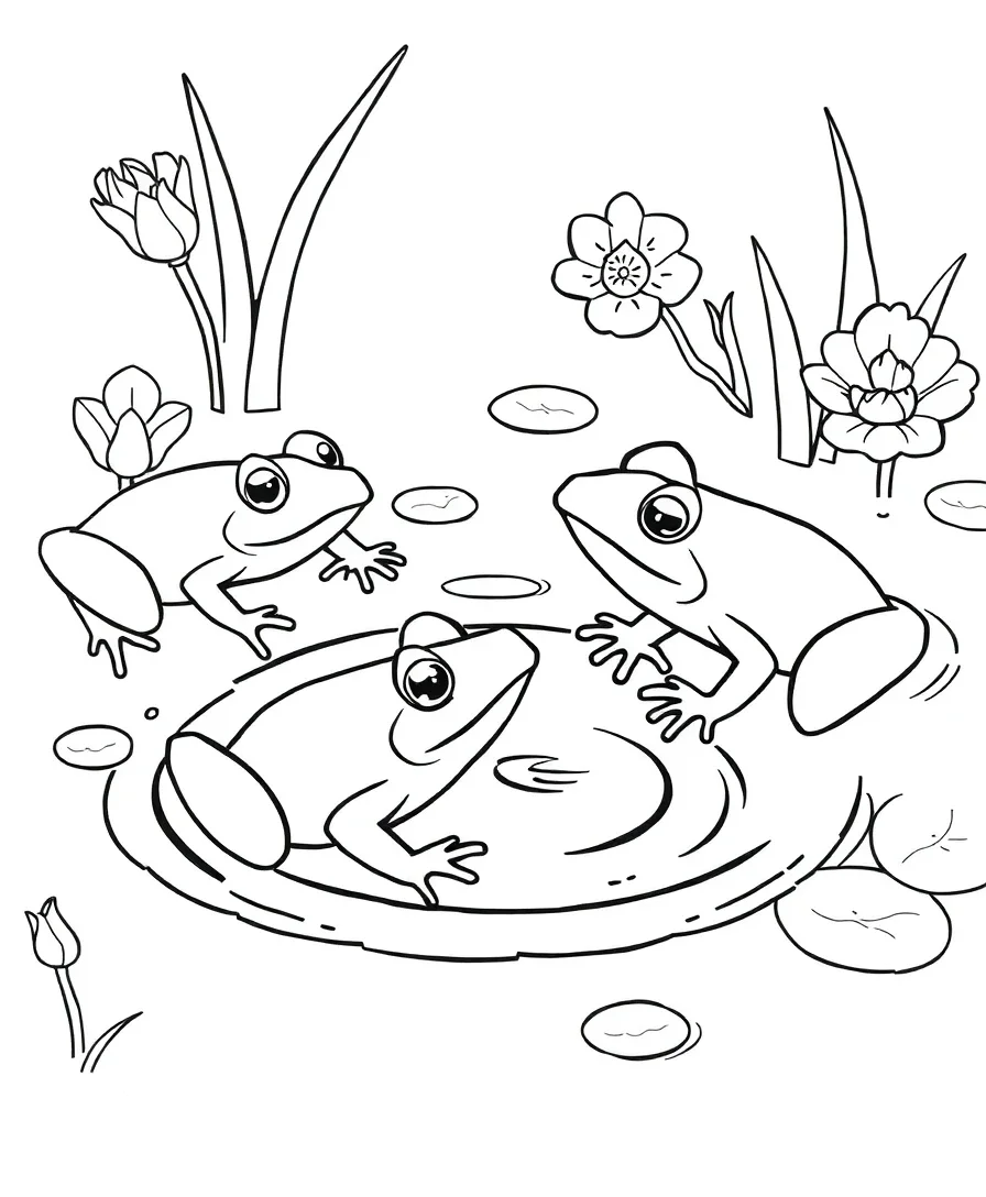Line art of playful frogs in a pond